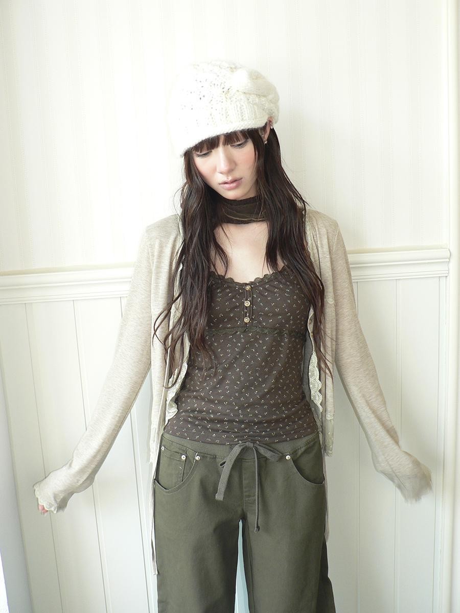 ang project Lace Panel Tie Front Floral Cami Long Sleeve Two Piece Women&