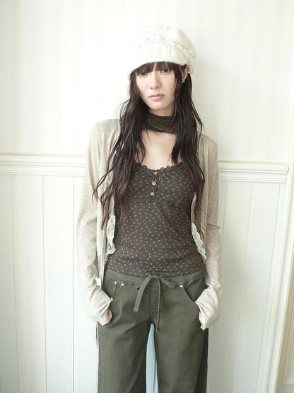 ang project Lace Panel Tie Front Floral Cami Long Sleeve Two Piece Women&