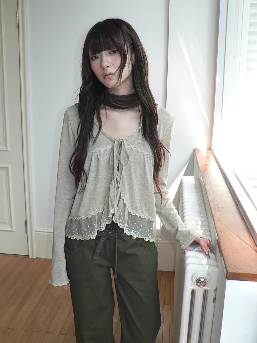 ang project Lace Panel Tie Front Floral Cami Long Sleeve Two Piece Women&