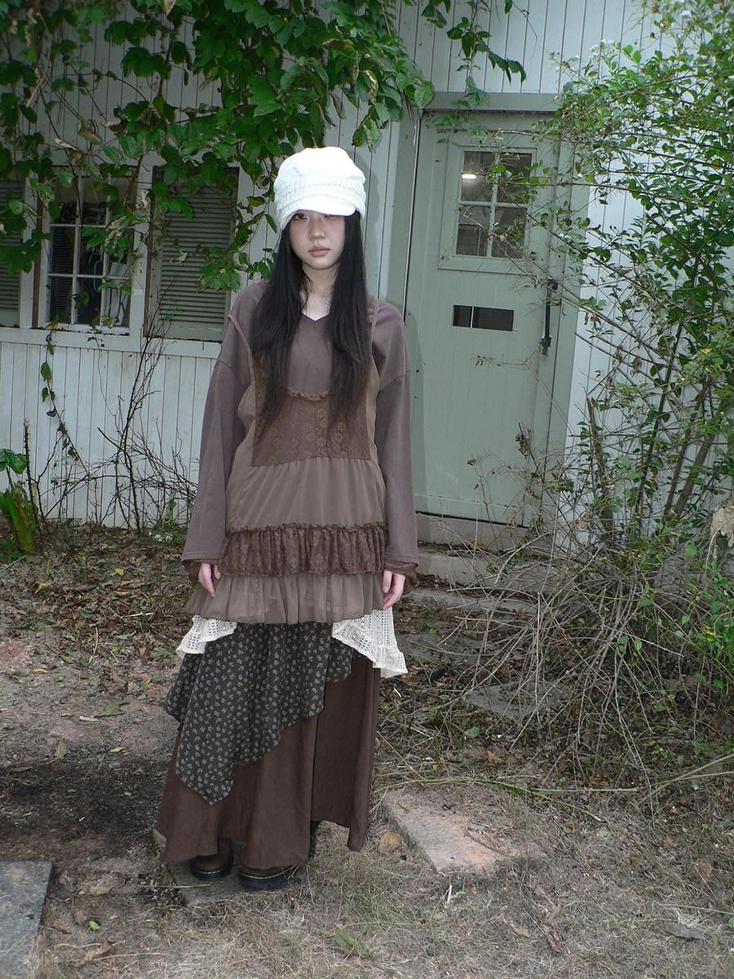 ang project Lace Print V-neck Camisole And Long Sleeve Loose Women&