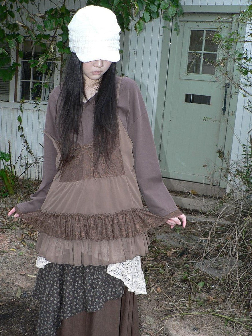 ang project Lace Print V-neck Camisole And Long Sleeve Loose Women&