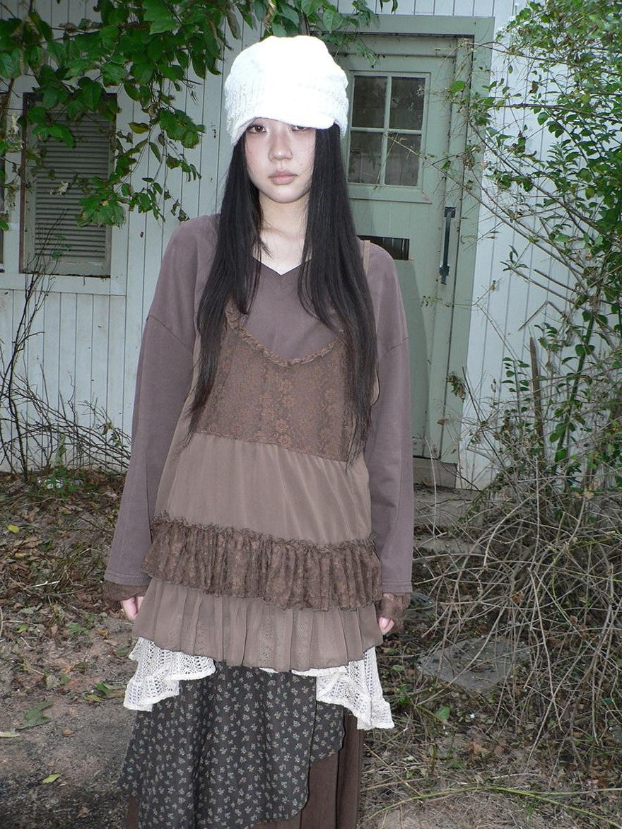 ang project Lace Print V-neck Camisole And Long Sleeve Loose Women&