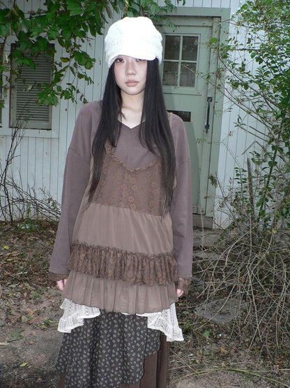 ang project Lace Print V-neck Camisole And Long Sleeve Loose Women&