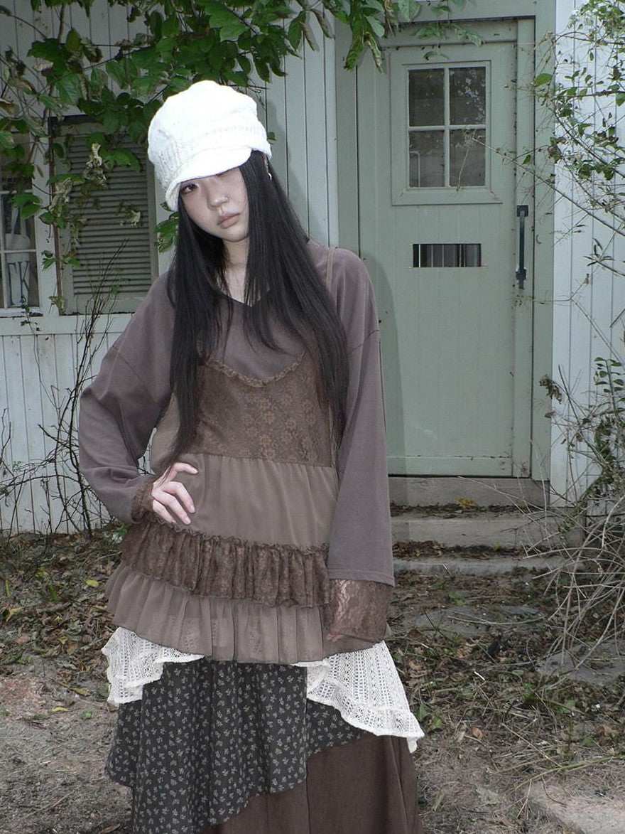 ang project Lace Print V-neck Camisole And Long Sleeve Loose Women&