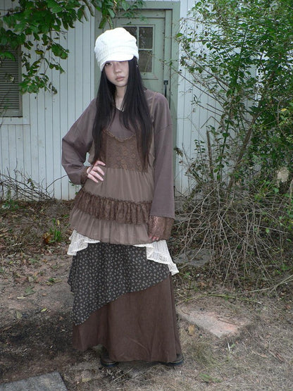 ang project Lace Print V-neck Camisole And Long Sleeve Loose Women&