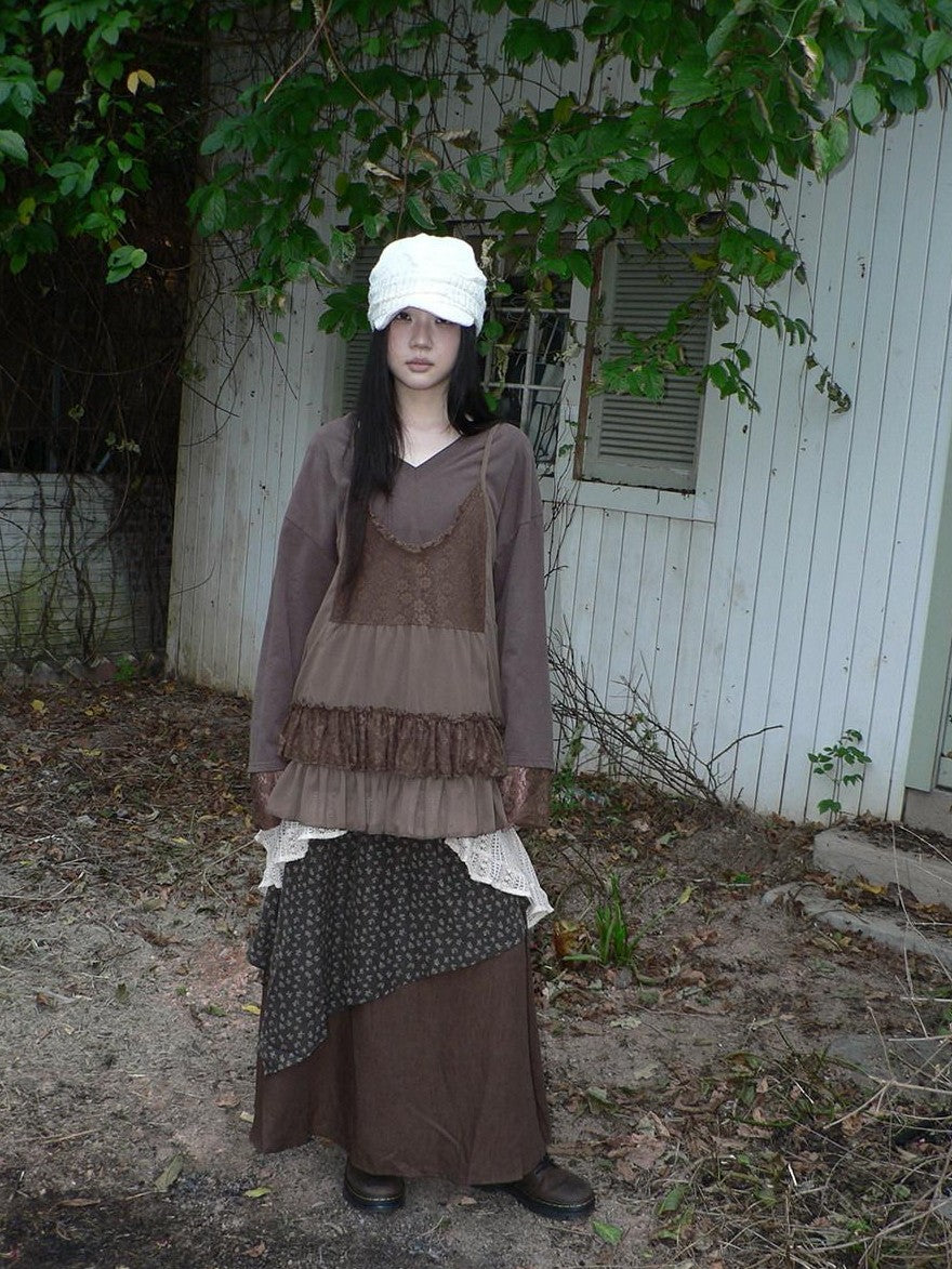ang project Lace Print V-neck Camisole And Long Sleeve Loose Women&