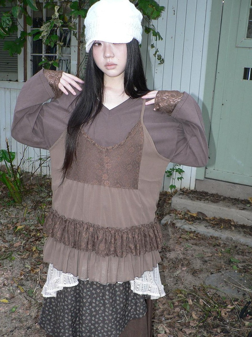 ang project Lace Print V-neck Camisole And Long Sleeve Loose Women&