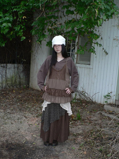 ang project Lace Print V-neck Camisole And Long Sleeve Loose Women&