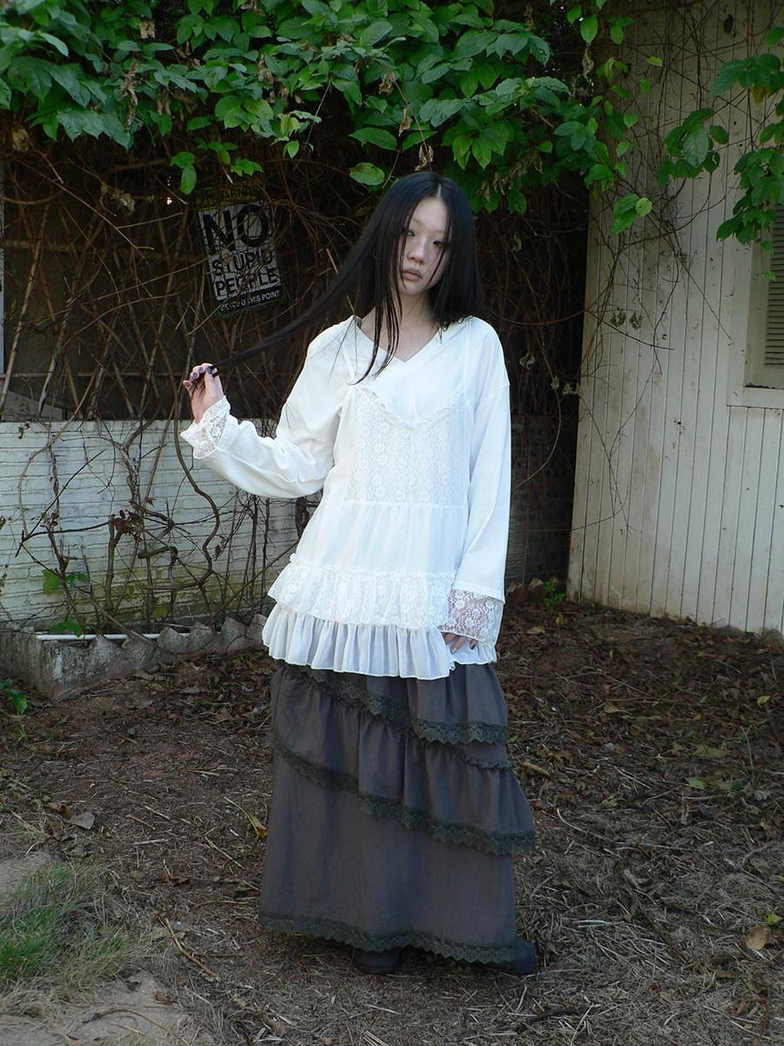 ang project Lace Print V-neck Camisole And Long Sleeve Loose Women&