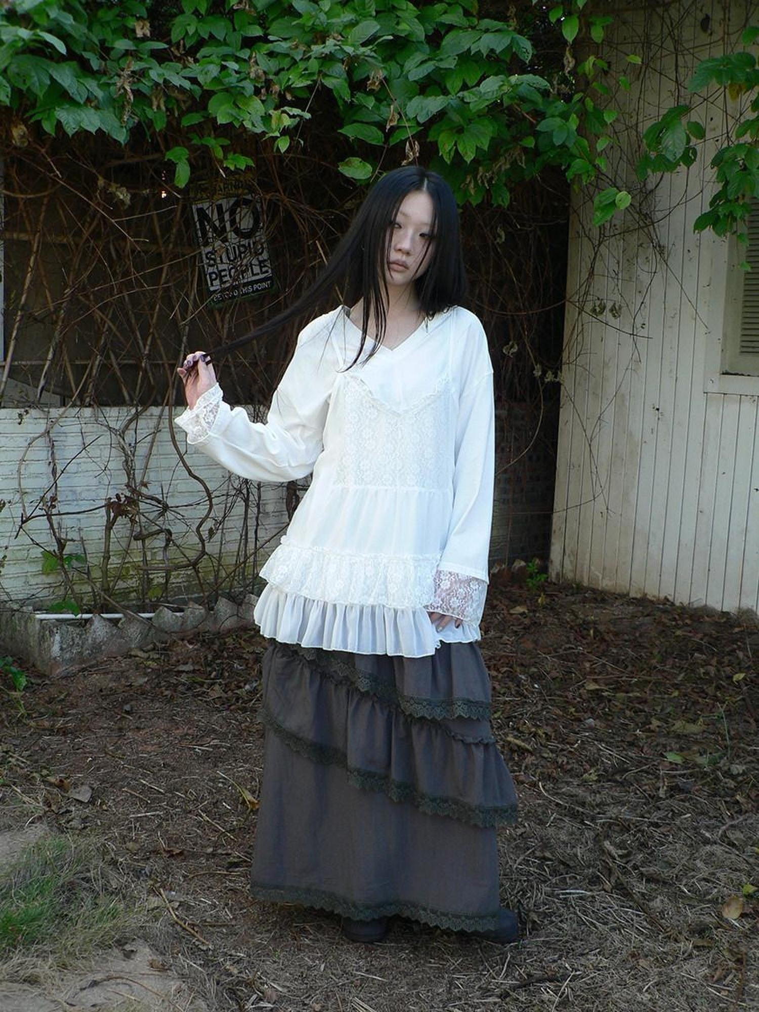 ang project Lace Print V-neck Camisole And Long Sleeve Loose Women&