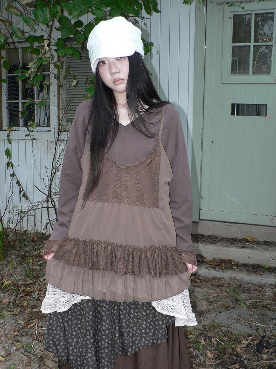 ang project Lace Print V-neck Camisole And Long Sleeve Loose Women&