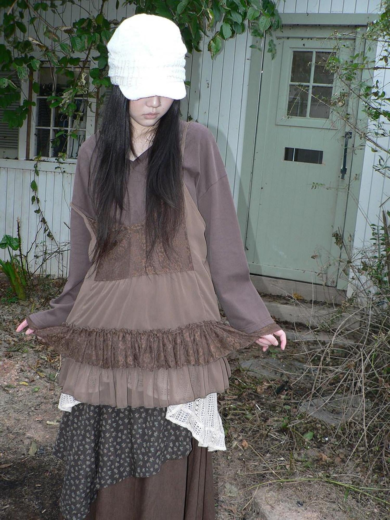 ang project Lace Print V-neck Camisole And Long Sleeve Loose Women&