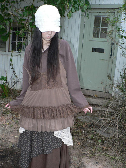 ang project Lace Print V-neck Camisole And Long Sleeve Loose Women&