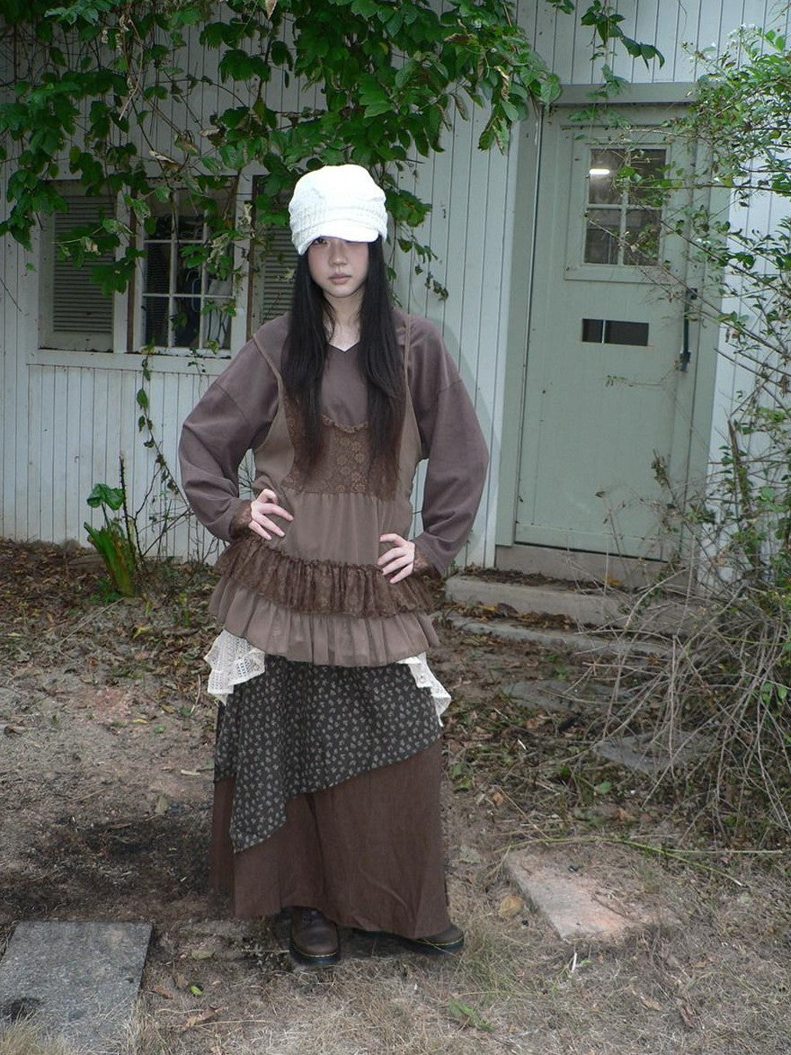 ang project Lace Print V-neck Camisole And Long Sleeve Loose Women&