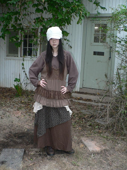 ang project Lace Print V-neck Camisole And Long Sleeve Loose Women&