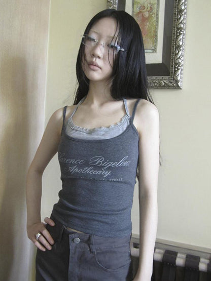 Updateang project Lace Trim Faux Two Piece Camisole With Letter Print And Built In Bra