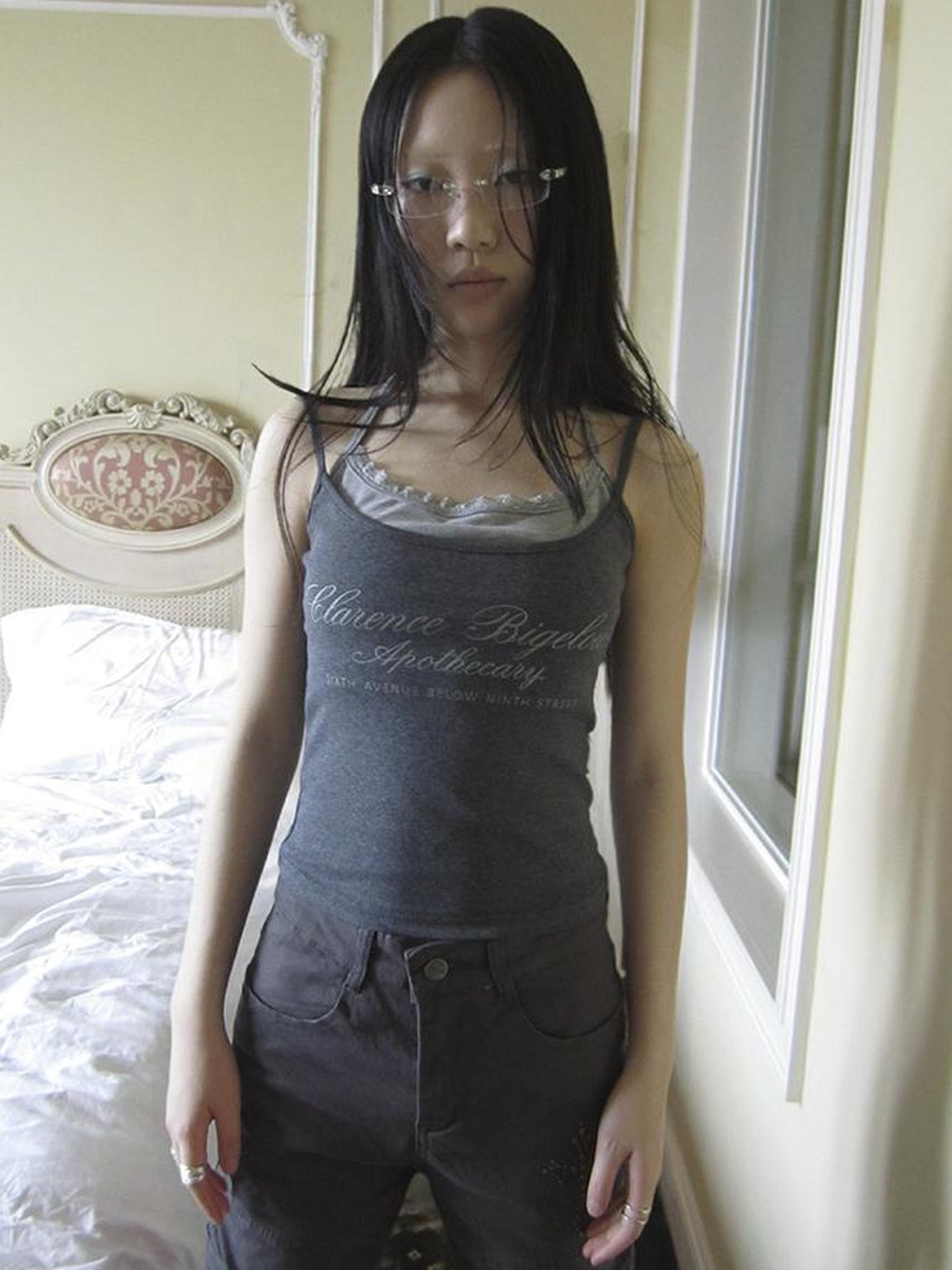 Updateang project Lace Trim Faux Two Piece Camisole With Letter Print And Built In Bra