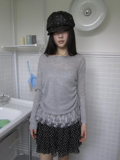 Updateang project Lace Trim Sleeveless Vest Single Shoulder Knit Long Sleeve Two Piece Set