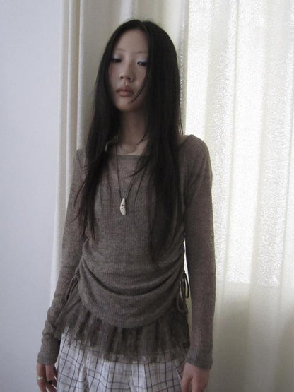 Updateang project Lace Trim Sleeveless Vest Single Shoulder Knit Long Sleeve Two Piece Set