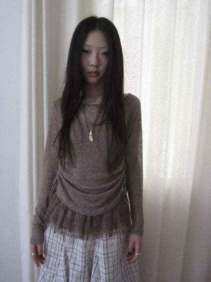 Updateang project Lace Trim Sleeveless Vest Single Shoulder Knit Long Sleeve Two Piece Set