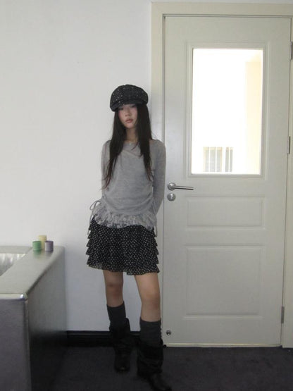 Updateang project Lace Trim Sleeveless Vest Single Shoulder Knit Long Sleeve Two Piece Set