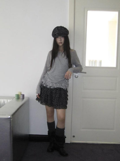 Updateang project Lace Trim Sleeveless Vest Single Shoulder Knit Long Sleeve Two Piece Set