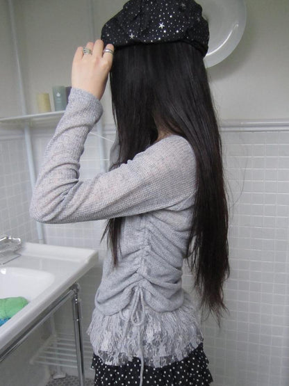 Updateang project Lace Trim Sleeveless Vest Single Shoulder Knit Long Sleeve Two Piece Set