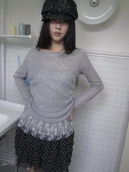 Updateang project Lace Trim Sleeveless Vest Single Shoulder Knit Long Sleeve Two Piece Set