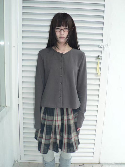 ang_project_Lace_Trim_Solid_Button_Front_Crew_Neck_Long_Sleeve_Women&