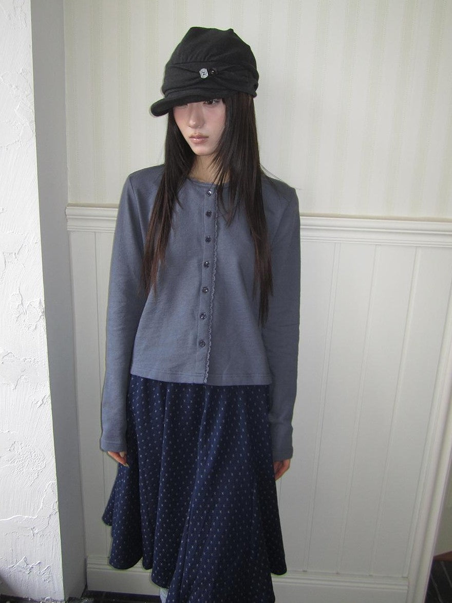 Lace Trim Solid Button Front Crew Neck Long Sleeve Women&