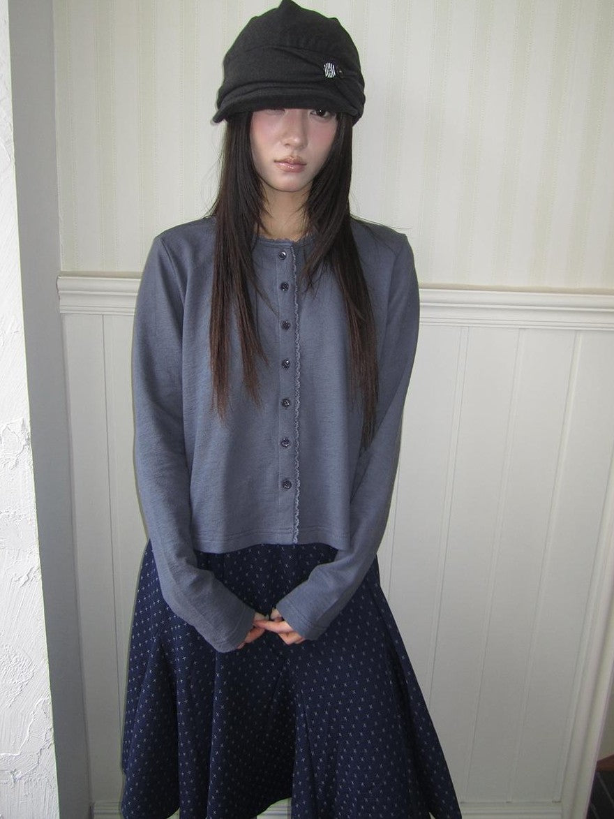ang project Lace Trim Solid Button Front Crew Neck Long Sleeve Women&