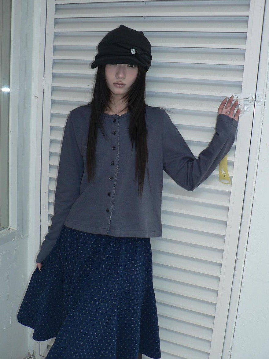 ang project Lace Trim Solid Button Front Crew Neck Long Sleeve Women&