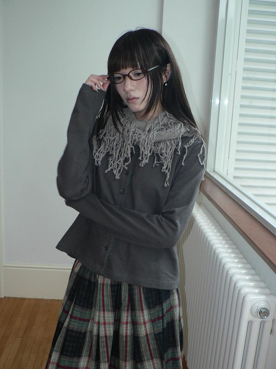 Lace Trim Solid Button Front Crew Neck Long Sleeve Women&