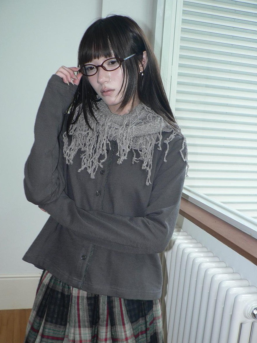 ang project Lace Trim Solid Button Front Crew Neck Long Sleeve Women&
