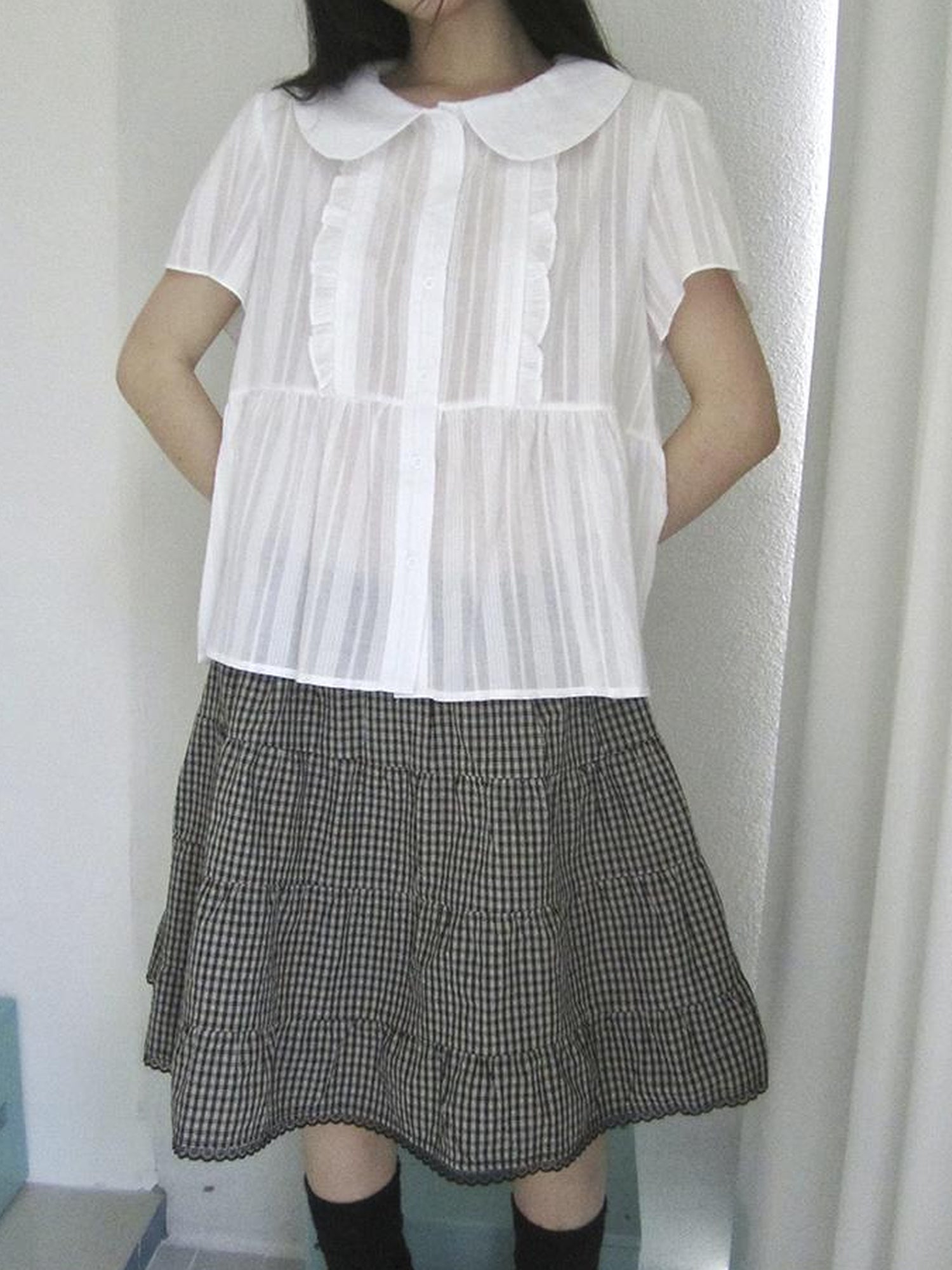 ang project Lace Trimmed Babydoll Collar Summer Blouse