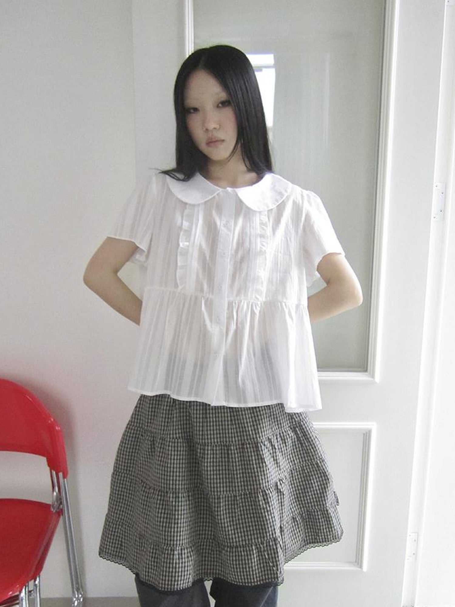 ang project Lace Trimmed Babydoll Collar Summer Blouse
