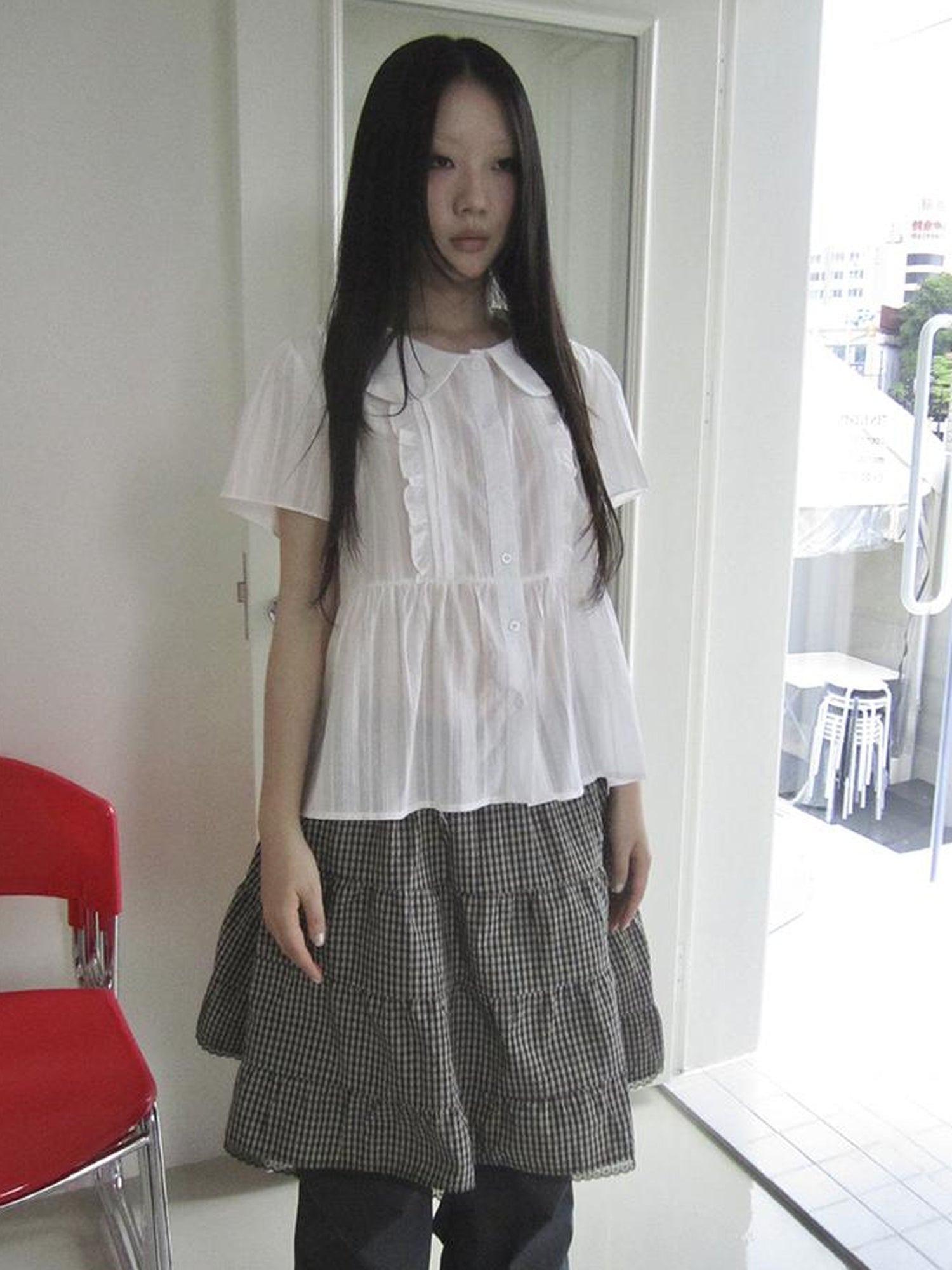 ang project Lace Trimmed Babydoll Collar Summer Blouse