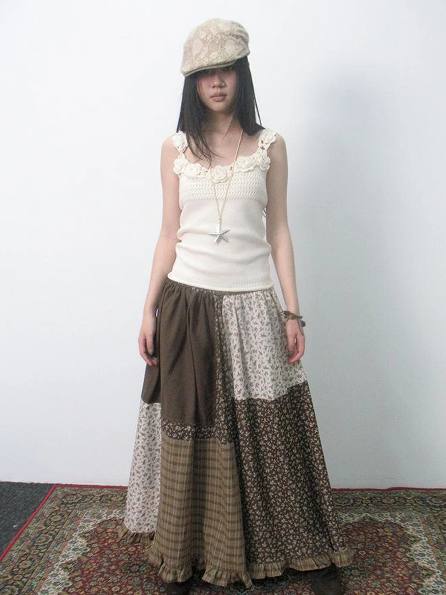 Lace Trimmed Floral Print A Line Skirt