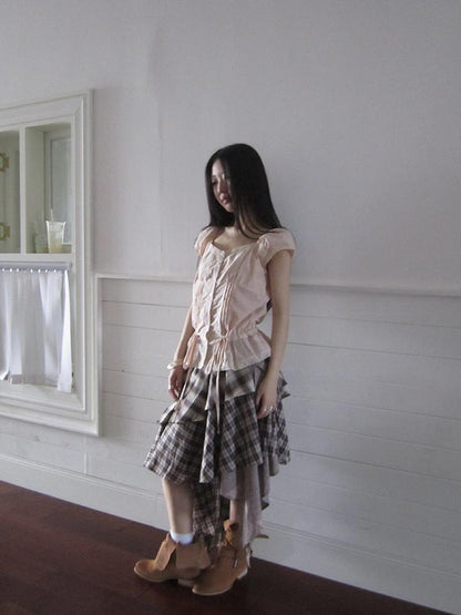 ang project Lace Trimmed Tied Waist Pleated Short Sleeve Blouse