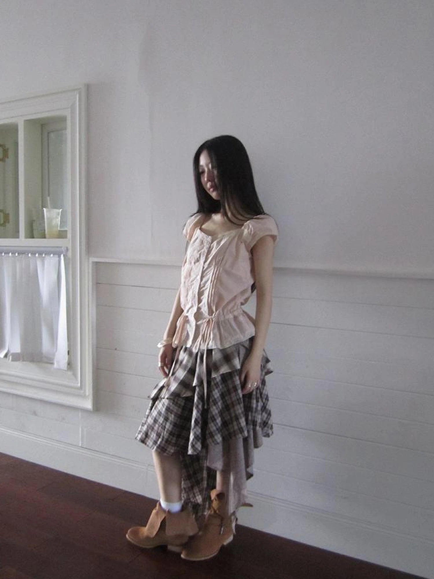 Lace Trimmed Tied Waist Pleated Short Sleeve Blouse