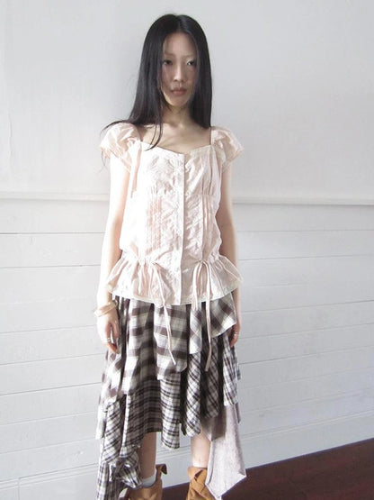 Lace Trimmed Tied Waist Pleated Short Sleeve Blouse