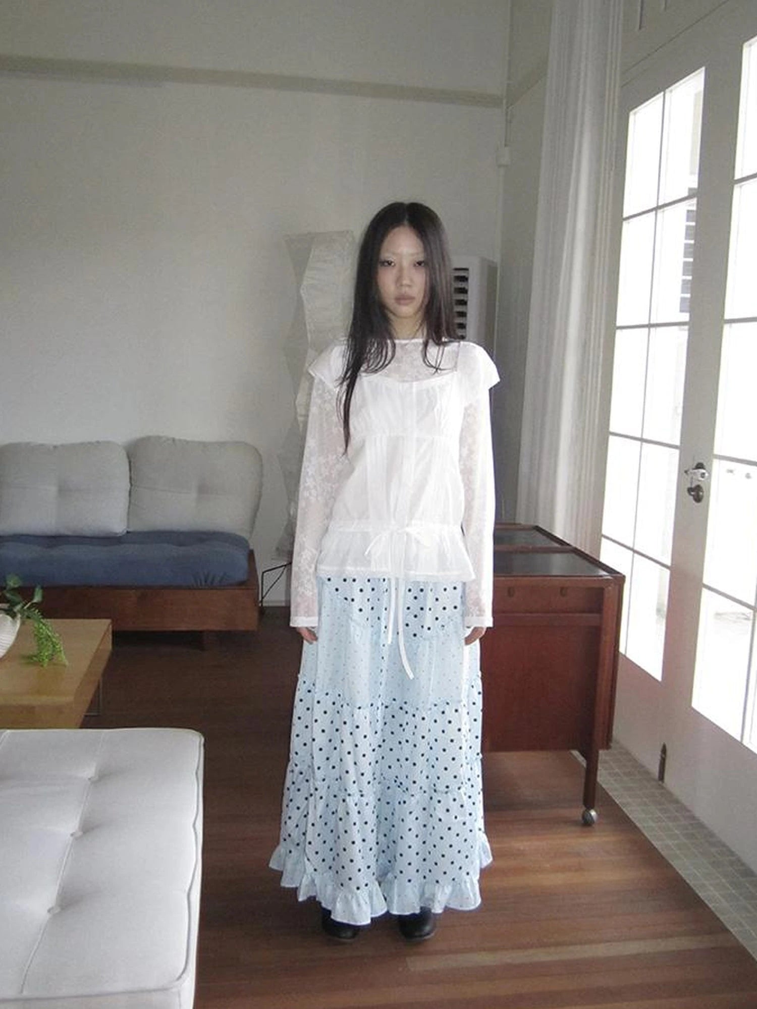 Lace Trimmed Tied Waist Pleated Short Sleeve Blouse