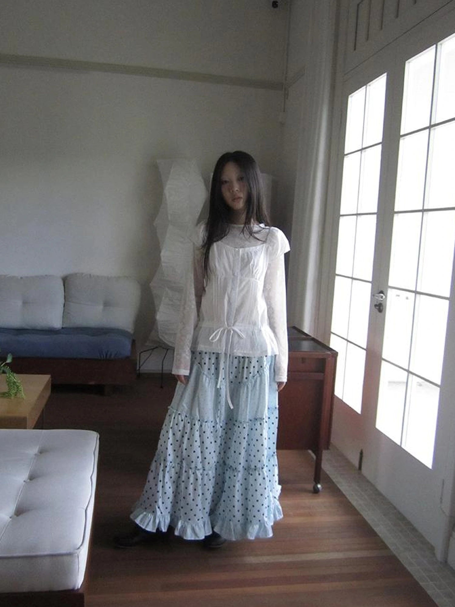 Lace Trimmed Tied Waist Pleated Short Sleeve Blouse