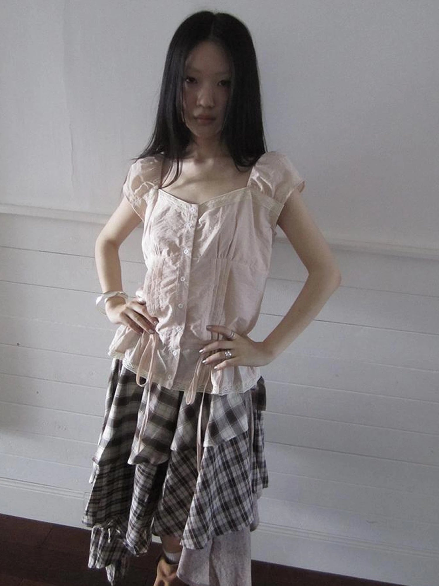 Lace Trimmed Tied Waist Pleated Short Sleeve Blouse