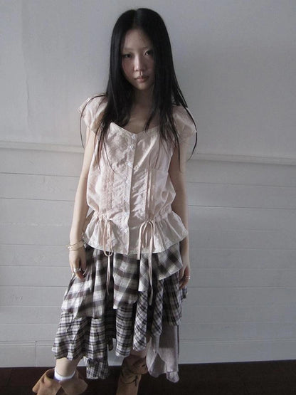 Lace Trimmed Tied Waist Pleated Short Sleeve Blouse