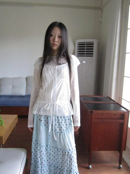 Lace Trimmed Tied Waist Pleated Short Sleeve Blouse