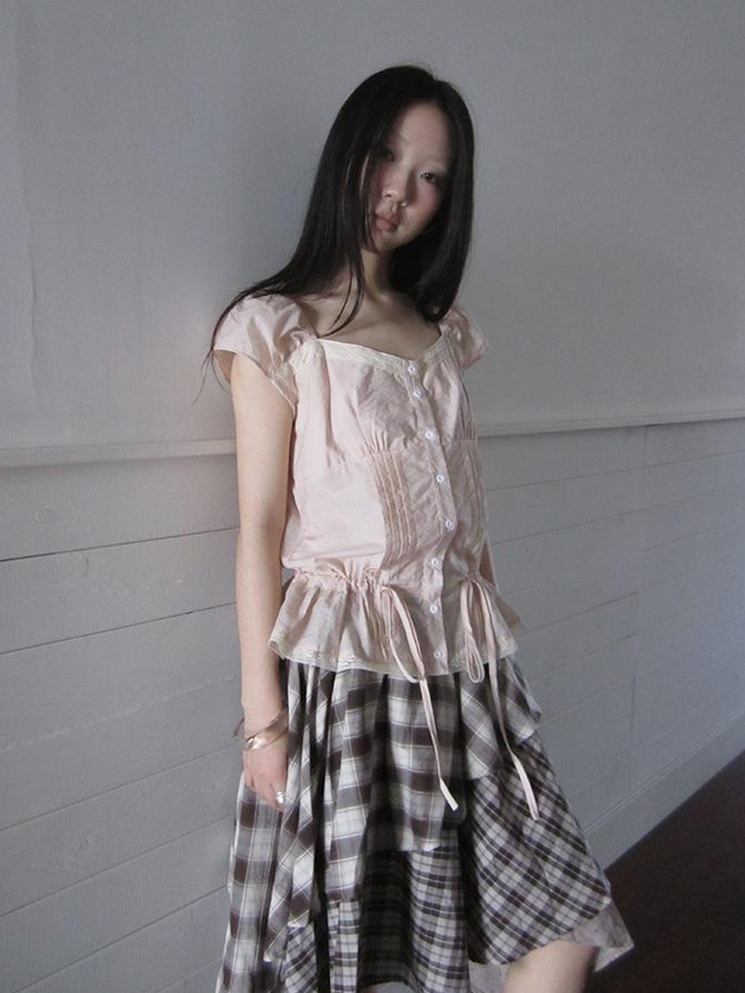 ang project Lace Trimmed Tied Waist Pleated Short Sleeve Blouse