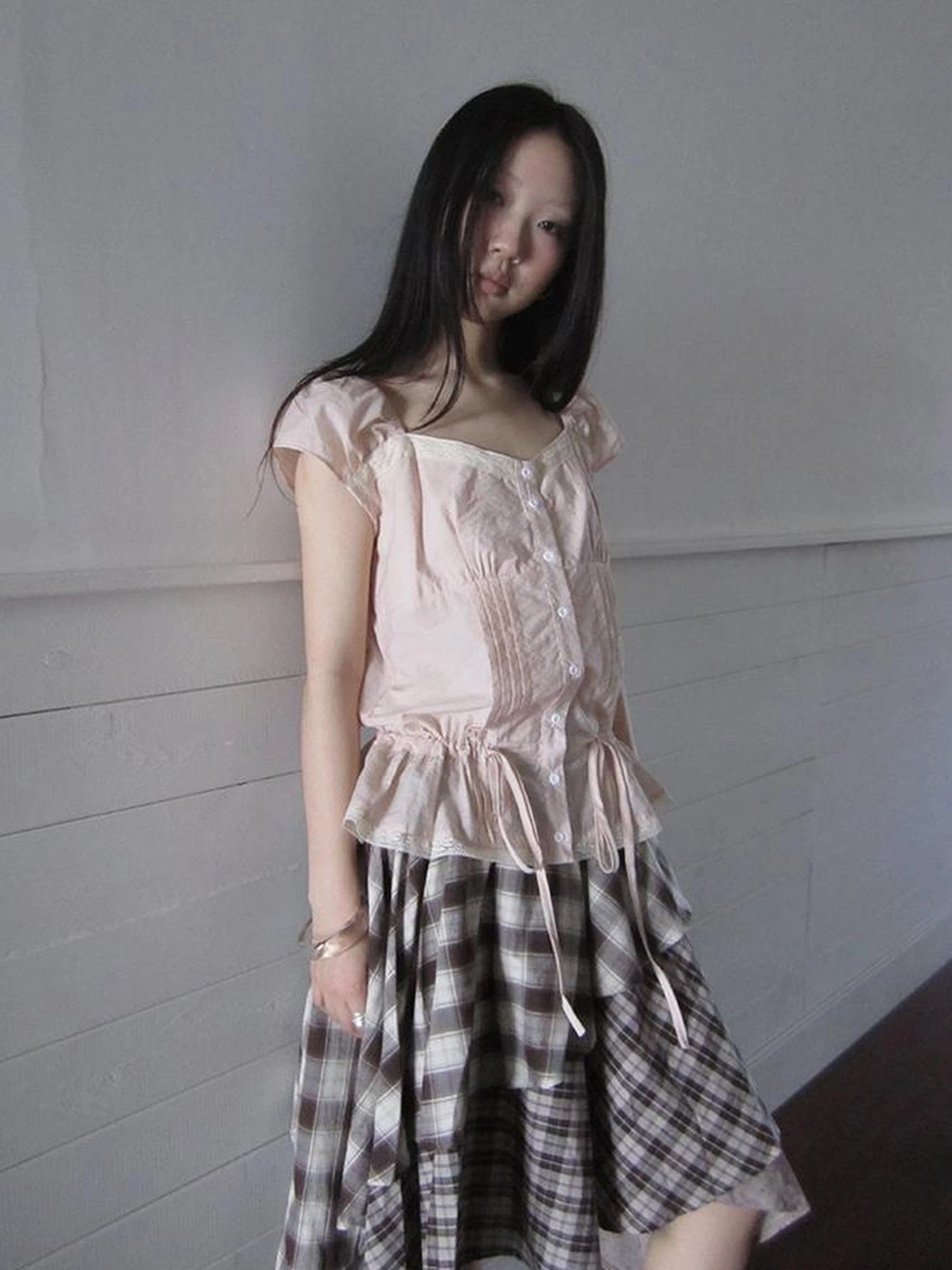 Lace Trimmed Tied Waist Pleated Short Sleeve Blouse