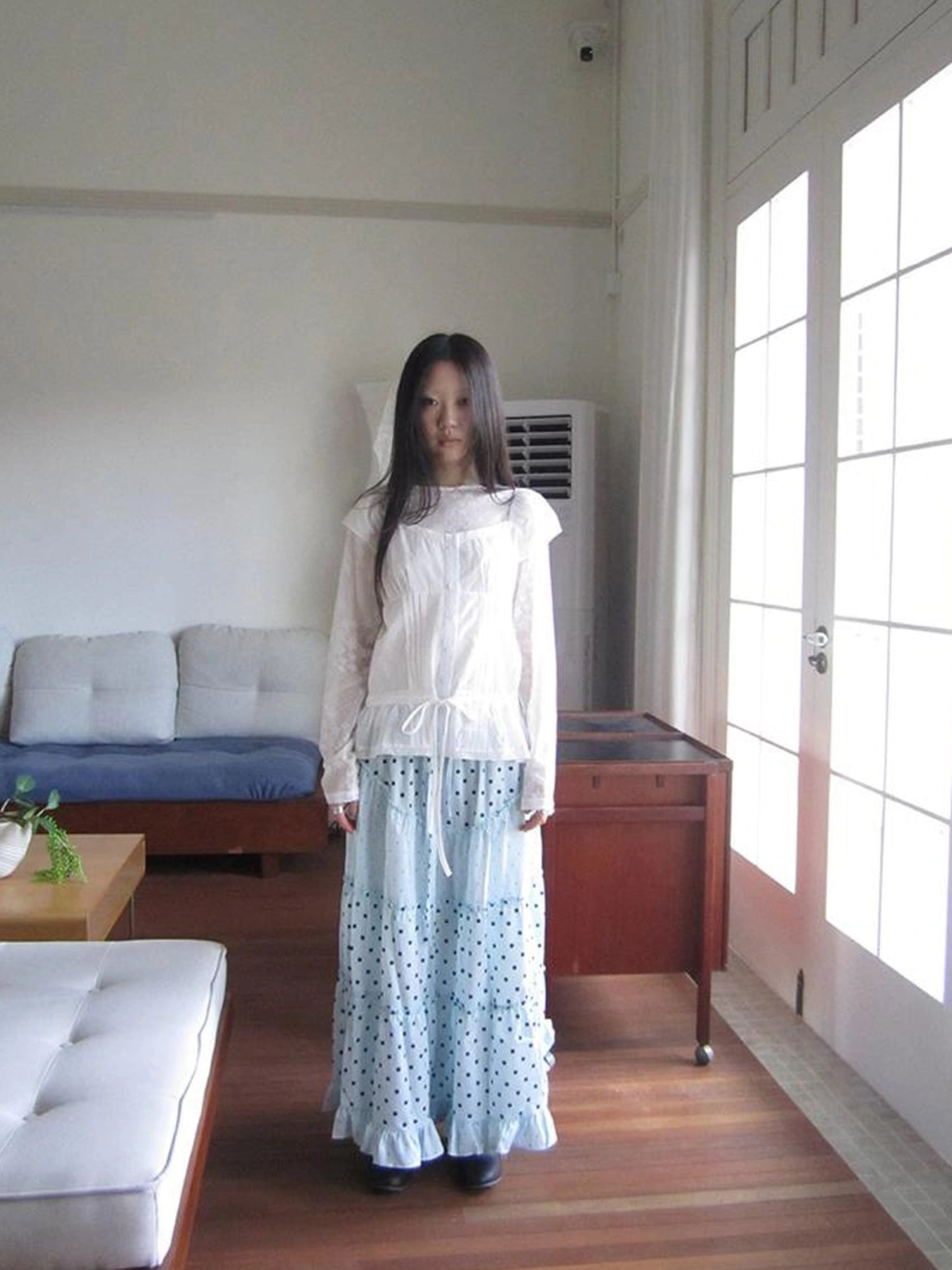 Lace Trimmed Tied Waist Pleated Short Sleeve Blouse