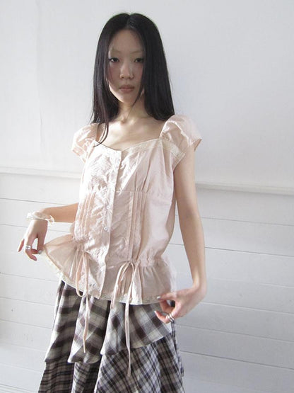 ang project Lace Trimmed Tied Waist Pleated Short Sleeve Blouse